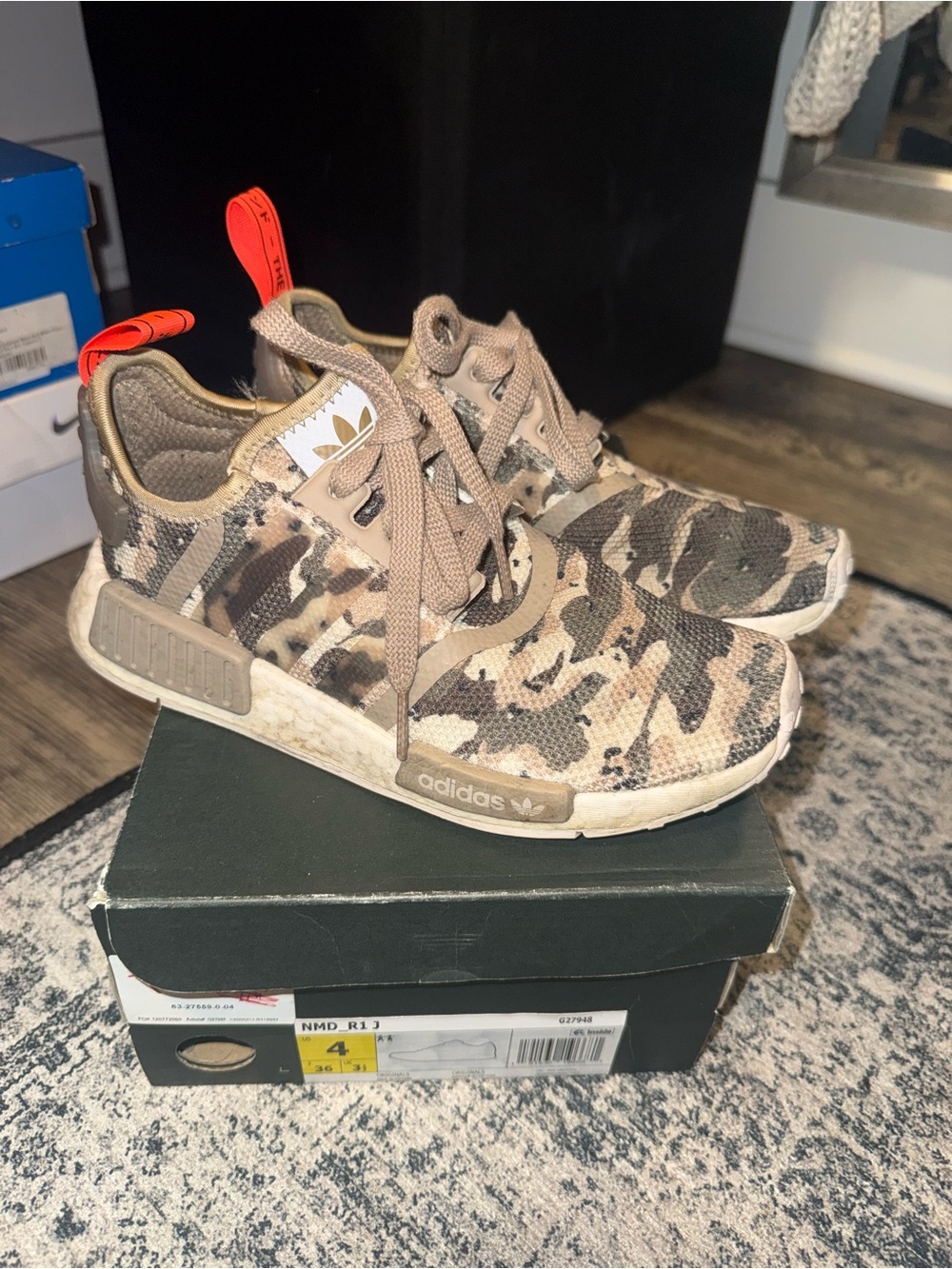 adidas Kids Camouflage NMD R1 Sneakers - Tan with Orange Pull Tabs